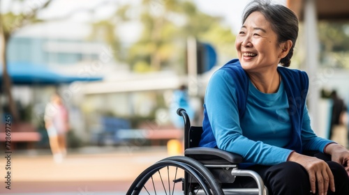 Smiling Asian senior woman in a wheelchair outdoors