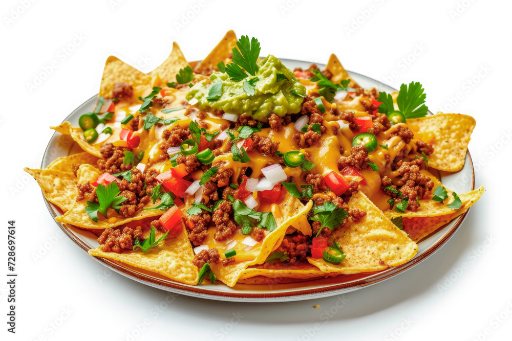 Mexican nachos with beef, guacamole, cheese sauce, peppers, tomato and onion in plate isolated on white background