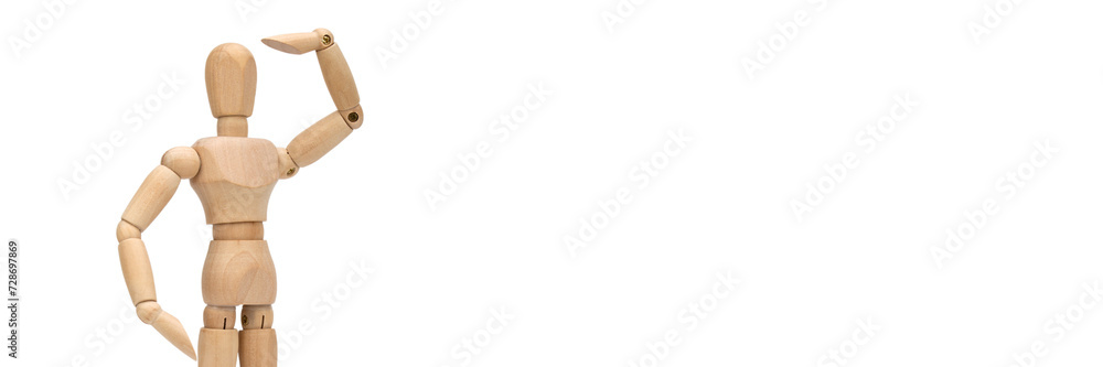 Wooden figure of a man isolated on white background banner with copy space. Wooden mannequin posing.