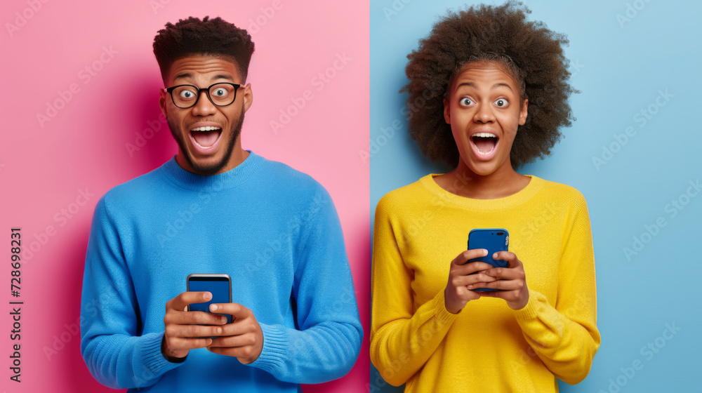 man and a woman are standing against a split background, pink and blue, respectively man and a woman are standing against a split background, pink and blue, respectively