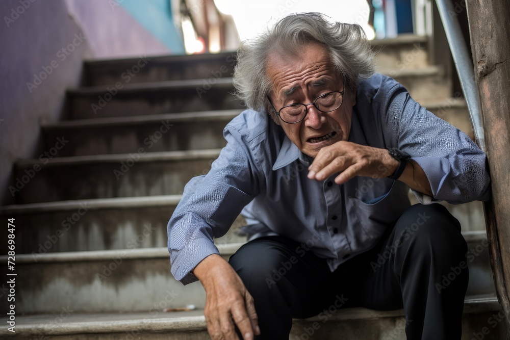 Elderly man experiencing a fall on the stairs potential medical alert advertisement Elderly man experiencing a fall on the stairs potential medical alert advertisement