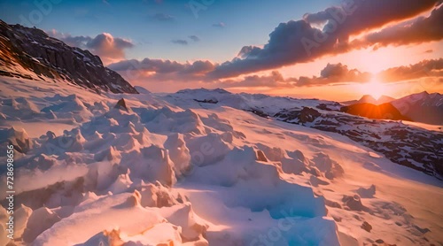 sorgere del sole tra le montagne innevate, neve rosata scaldata dal sole, nuvole e atmosfera rilassata e calma