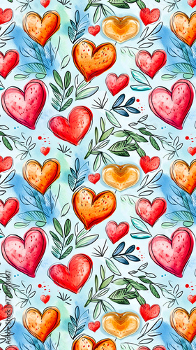 Watercolor Hearts and Leaves Pattern