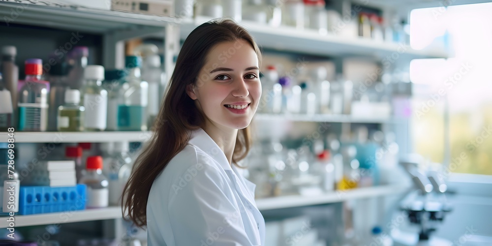 Confident female scientist smiling in a well-stocked laboratory. scientific research professional at work. modern lab setting. AI