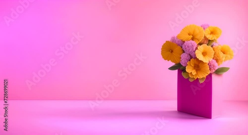 borsa rosa di pelle contenente fiori animati su sfondo rora, la borsa si trasforma in un pacchetto fucsia, spazio per testo, arrivo della primavera, utile per promozioni e sconti photo