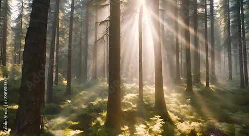 raggi sdi sole che penetrano nella foresta, leggera nebbiolina data dall'umidità, sfondo mistico della natura, 
