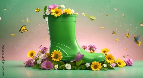 animazione 3d di stivali da pioggia verdi che si muovono  con fiori e farfalle che volano su sfondo rosa e verde, gradiente , concetto di arrivo della primavera,  ideale per inserire offerte e sconti  photo