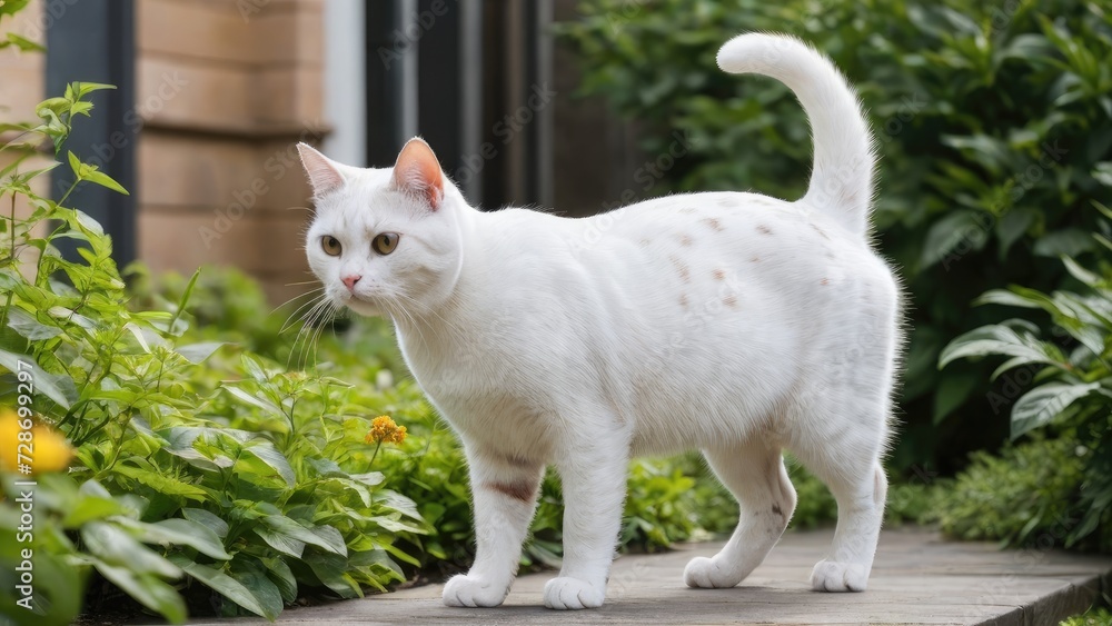 White american shorthair cat in the garden White american shorthair cat in the garden