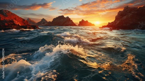 Rough sea waves crashing against rocky shores at sunset with vibrant orange hues