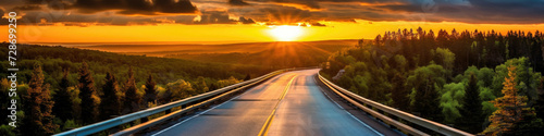 vibrant, serene imagery of a deserted road traversing through the stunning natural landscape, awash in the warm hues of a sunset, perfectly optimized for 16:9 HD resolution, Ai generated © The Strange Binder