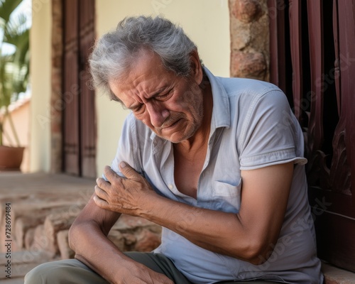 Elderly man experiencing discomfort or pain sitting outdoors photo