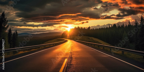 vibrant, serene imagery of a deserted road traversing through the stunning natural landscape, awash in the warm hues of a sunset, perfectly optimized for 16:9 HD resolution, Ai generated © The Strange Binder