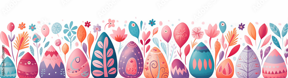 Vibrant, illustrated Easter banner with flowers and eggs, delightful boho illustration, artistic doodle. Panoramic web header. Wide screen wallpaper