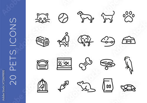 Pets line icons  Pets accessories simple line icons on white background for mobile app, web, promotional and SMM. Editable stroke. Vector illustraton.