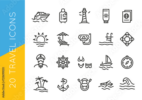 Travel, nautical, icons, beach, cruise, luggage, lighthouse, drink, passport, sun, umbrella, diving, pool.Vector illustration