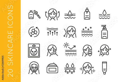 20 line icons depicting various skincare and beauty treatments on a white background for mobile, web application, promo materials and SMM. Vector illustration