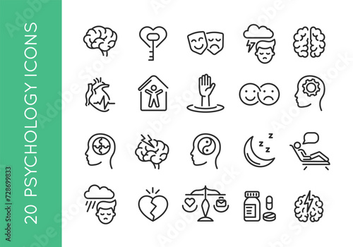 Psychology, brain, emotion, therapy, mental, health, mind, balance, stress, sleep, behavior, cognitive, relationship, heart, support, treatment. Icon set. Vector illustration