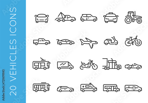 vehicles, transportation, car, truck, airplane, bicycle, bus, motorcycle, tractor, van, tow, sports car icon set. Vector illustration