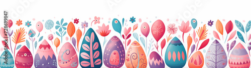 Vibrant, illustrated Easter banner with flowers and eggs, delightful boho illustration, artistic doodle. Panoramic web header. Wide screen wallpaper © MariiaDemchenko