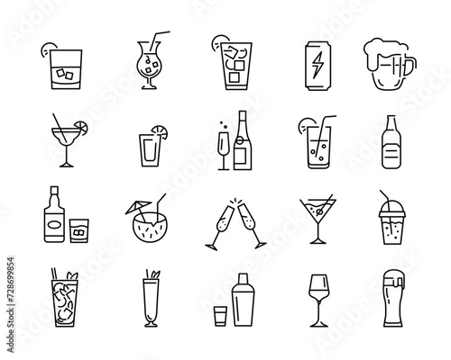 beverages, cocktails, alcohol, drink, beer, wine, cocktail, juice, soda, champagne, liquor, spirits icon set. Vector illustration