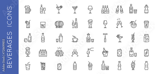 beverages, drinks, alcohol, coffee, water, beer, wine, milk, tea, cocktail icon set. Vector illustration