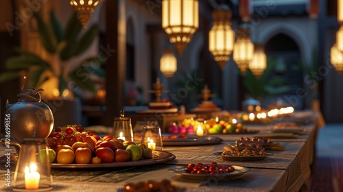 A traditional Ramadan iftar setting, with a long table adorned with dates and fruits, an empty podium ready for messages of gratitude, and the soft light of lanterns.