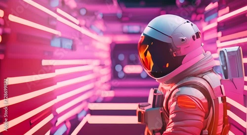 Astronauta nella quarta dimensione. Ambienti neon e strisce luminose. Animazione 3D di fantascienza photo