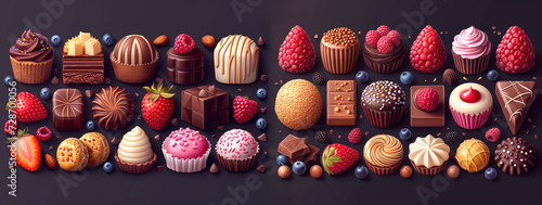 Wide format illustration of assorted chocolate products