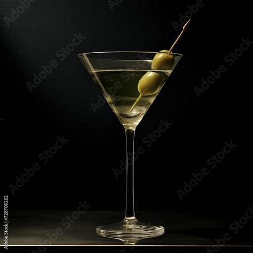 Martini coctail with green olives on a stick inside