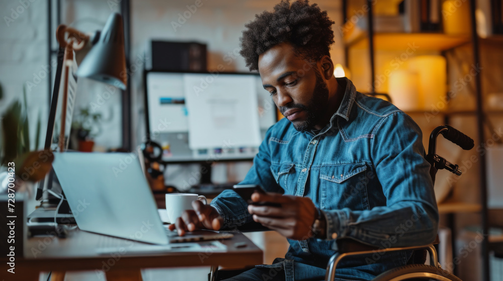 man with a beard, smiling and using a smartphone while seated in a wheelchair at a desk with a computer man with a beard, smiling and using a smartphone while seated in a wheelchair at a desk with a computer