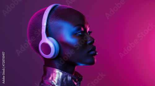 close-up of a woman with a shaved head wearing white headphones, against a vibrant pink and blue neon background