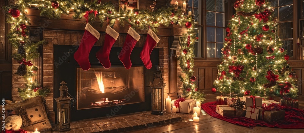 Christmas scene with stockings, fireplace, decorations, and lighting.