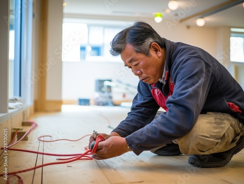 Electrician working on wiring in a modern house interior photo