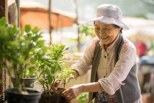 Elderly Asian woman tending to plants ideal for gardening industry or senior lifestyle