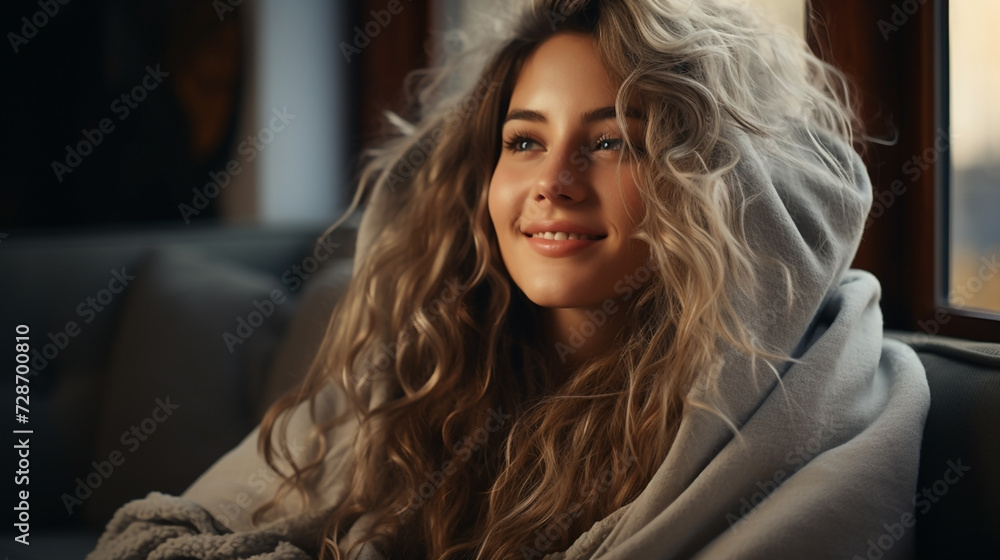 Fototapeta premium A wide closeup blog banner photograph of a pretty smiling woman holding a coffee cup and drinking near a window and looking outside foggy mountain in a cold day morning 