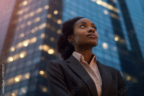 A confident and professional young businesswoman looking up while standing against contemporary corporate skyscrapers with illuminated facade in financial district in the evening. Low angle side