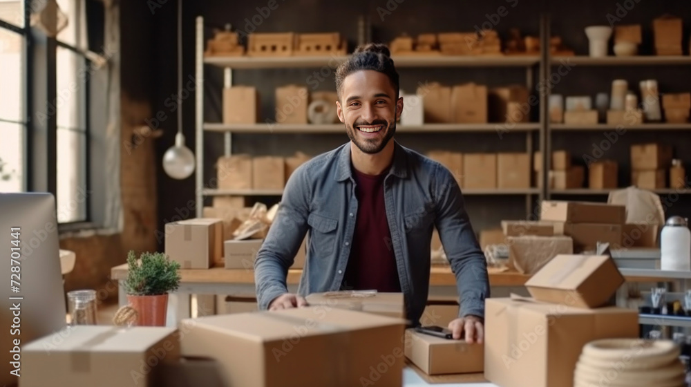 A handsome young man running online store, He is owner of small online shop. Receiving orders and packing boxes for delivery. A handsome young man running online store, He is owner of small online shop. Receiving orders and packing boxes for delivery.