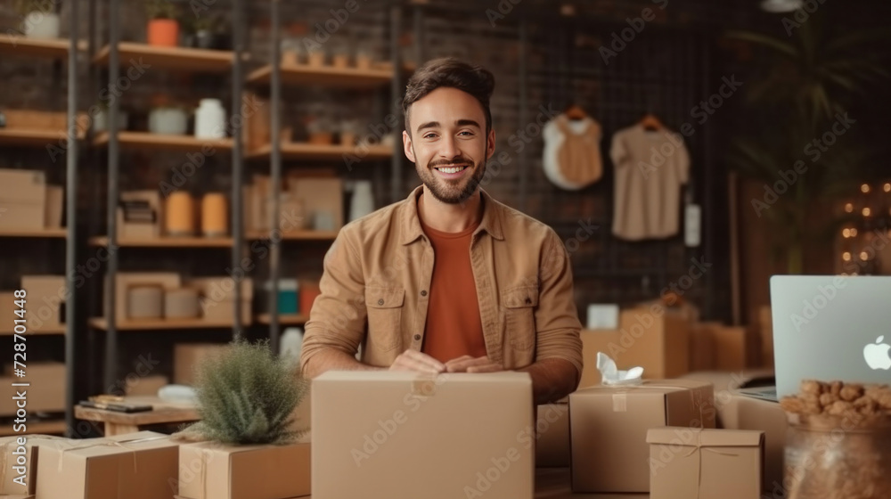 A handsome young man running online store, He is owner of small online shop. Receiving orders and packing boxes for delivery. A handsome young man running online store, He is owner of small online shop. Receiving orders and packing boxes for delivery.