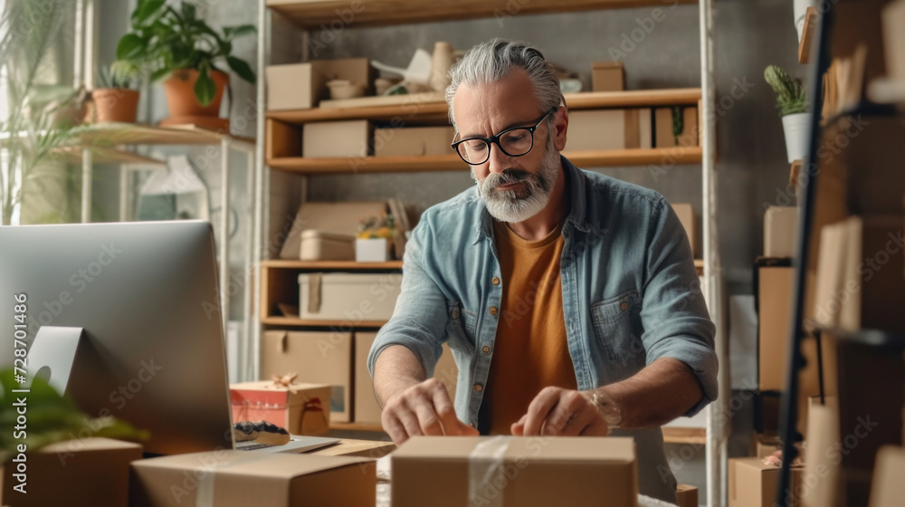A mature man running online store, He is owner of small online shop. Receiving orders and packing boxes for delivery. A mature man running online store, He is owner of small online shop. Receiving orders and packing boxes for delivery.