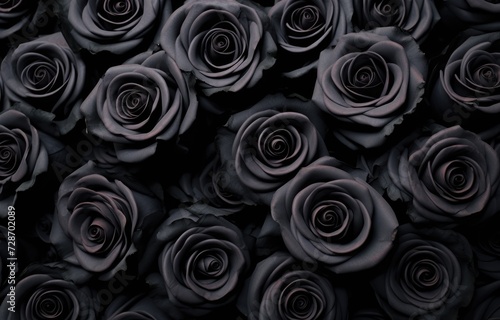 This photograph captures a bunch of black roses that are arranged closely together.