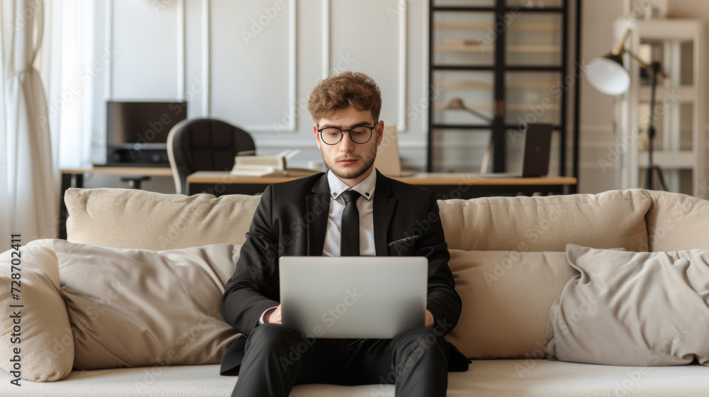 A professional dressed in a business suit is attentively using a laptop while comfortably sitting on a couch, indicating a blend of formal attire with a relaxed remote working environment. A professional dressed in a business suit is attentively using a laptop while comfortably sitting on a couch, indicating a blend of formal attire with a relaxed remote working environment.