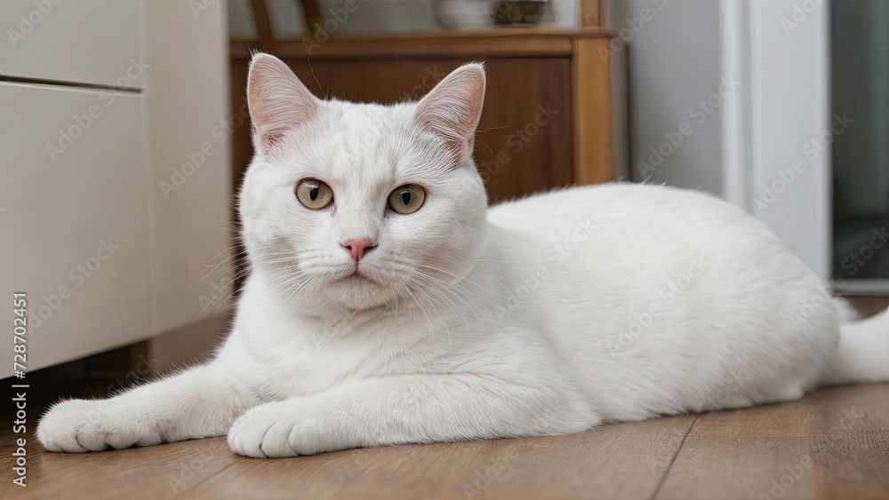 Obraz premium White american shorthair cat laying on the floor indoor