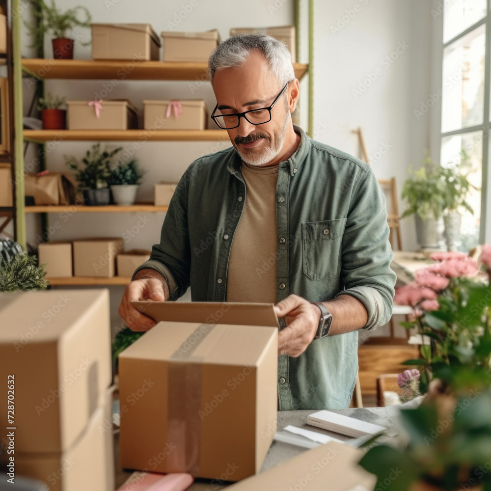 A mature man running online store, He is owner of small online shop. Receiving orders and packing boxes for delivery. A mature man running online store, He is owner of small online shop. Receiving orders and packing boxes for delivery.