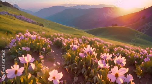 paesaggio primaverile di montagna con piccoli fiori viola al tramonto , tramonto del sole, emozioni alla vista della maestosità della natura, photo