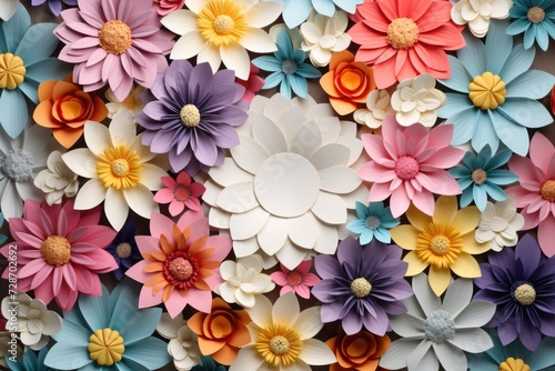 A vibrant arrangement of various paper flowers adorning a wall  creating a lively and eye-catching display.