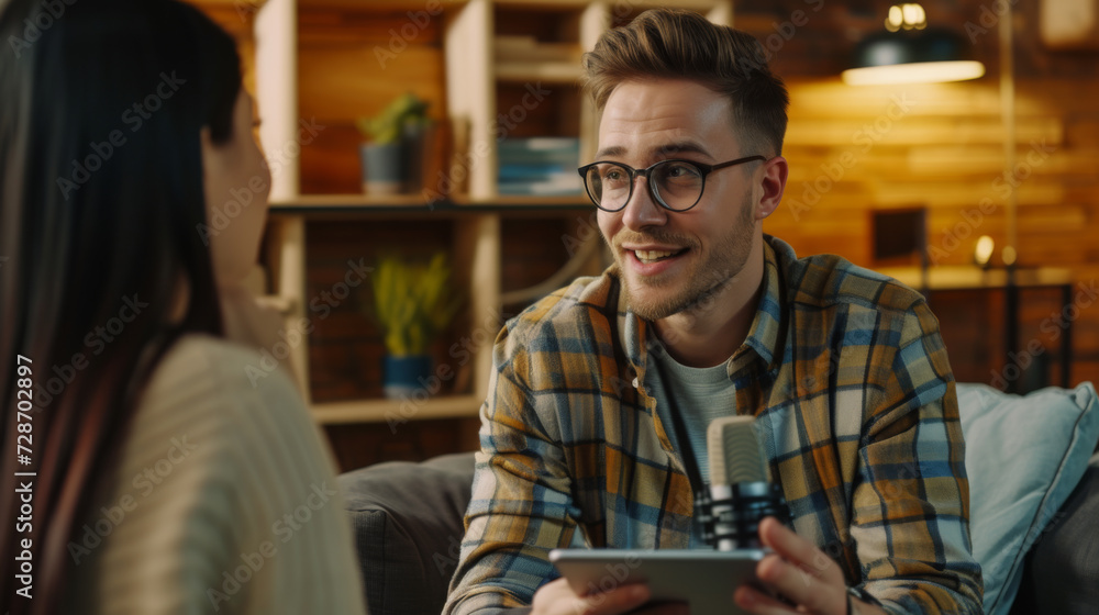 young person with glasses is smiling at a person holding a tablet, with a microphone in the foreground, suggesting an interview or podcast setting.