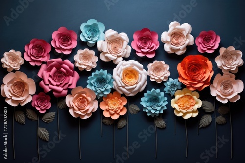 Several paper flowers arranged neatly on top of a table.
