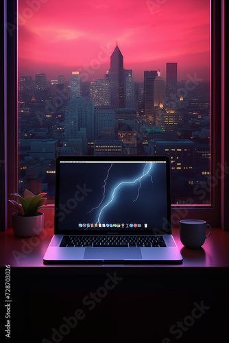 a laptop computer in the background warm evening lighting. generative AI