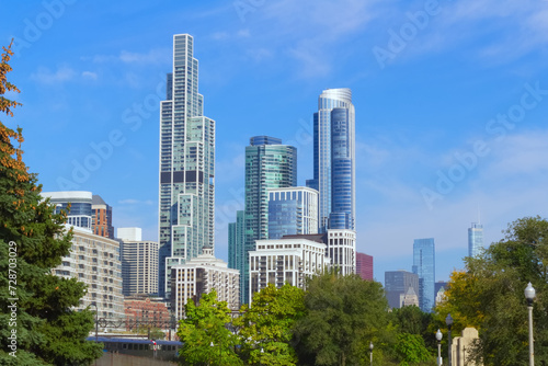 Chicago skyline downtown cityscape urban city view panorama with skyscrapers, towers, street lights, and bridge scenic landscape photo.