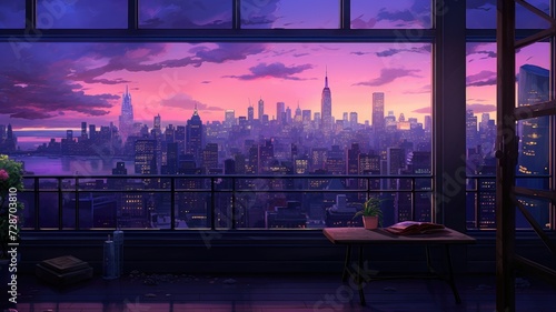 A photograph showing the view from a room overlooking a city at night, with lights illuminating the urban landscape.